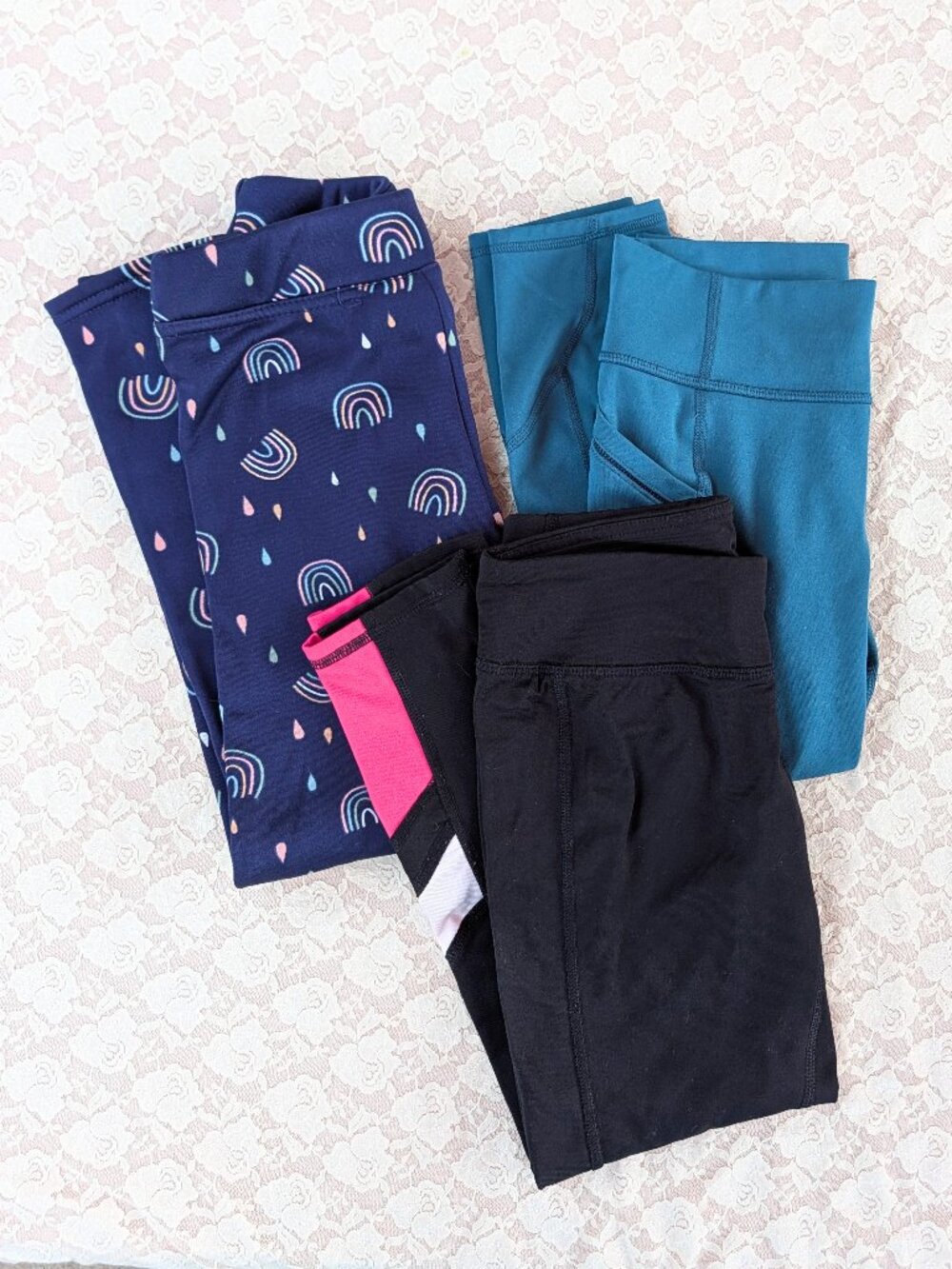 Lot of 3 pairs of kids leggings size medium 7-8 VGUC rainbows athletic